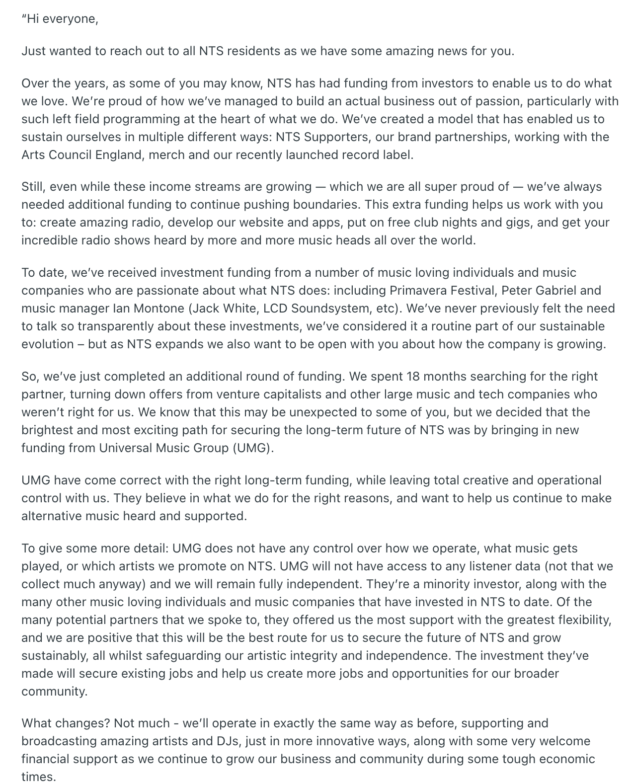 A screenshot of the letter NTS sent to its resident DJs after the Universal Music Group investment.
One of the DJs shared it on Reddit, and it quickly started circulating among fans.