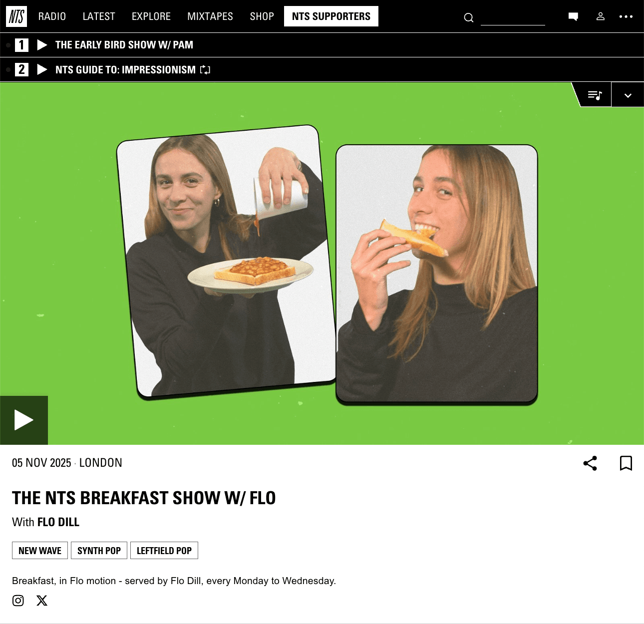 My forever go-to show on NTS.
Flo’s taste is unmatched and somehow always exactly what I need that day.
The tracklists are perfection, but the real magic is the live chat — full of die-hard fans vibing together in real time.
You have to try it.