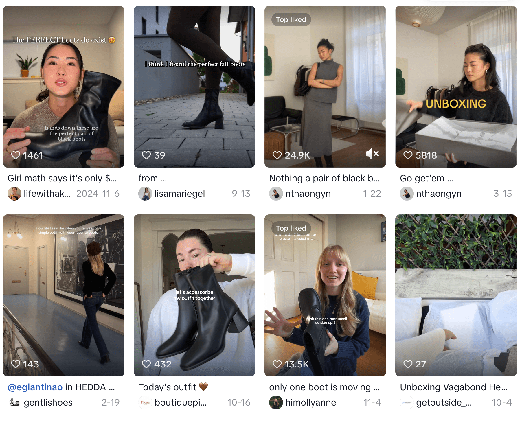 TikTok's offering of reviews are wild.
This is an example of me searching for Vagabond Hedda Boots.